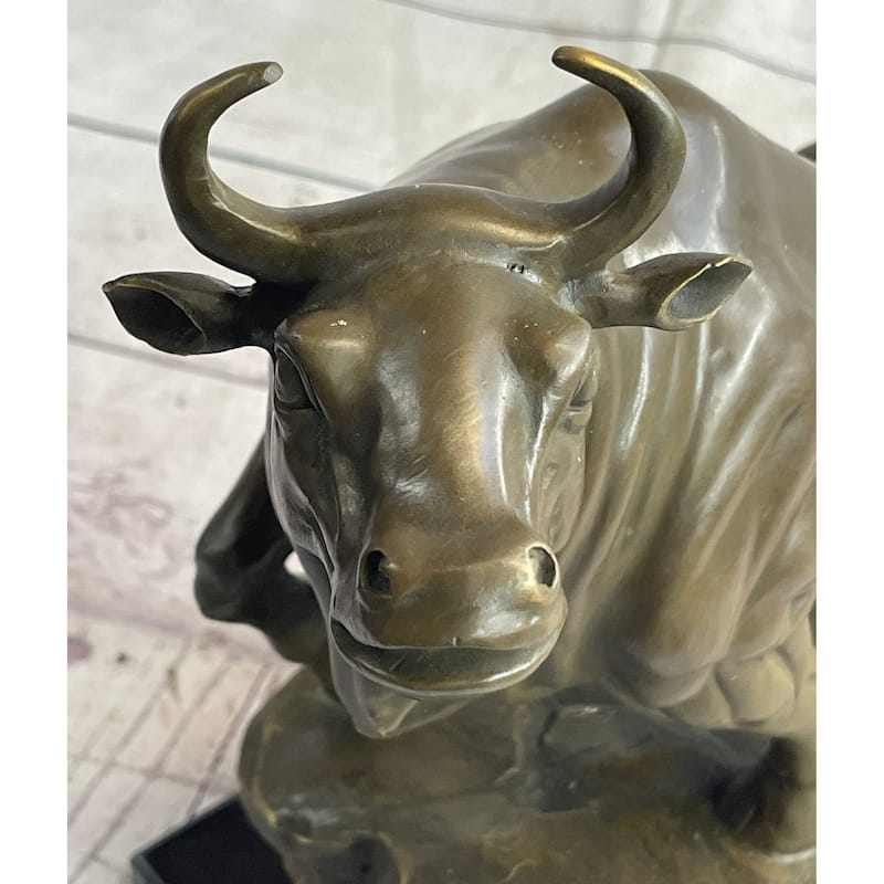 Upward Facing Imitative Bull Bronze Sculpture Statue Marble Base Original Art 12 Inches X 16 Inches