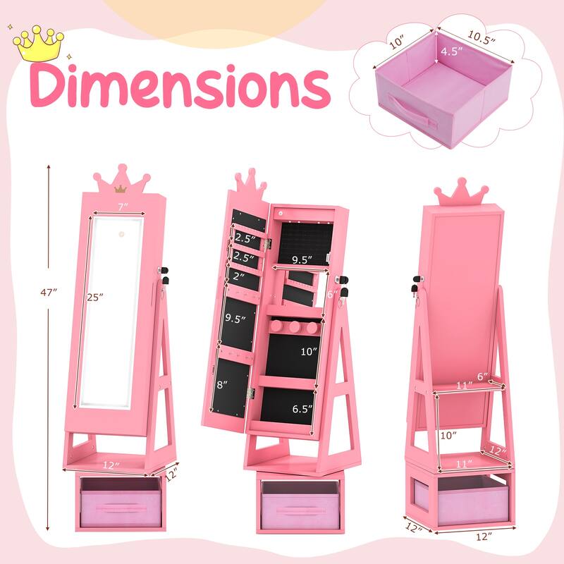Gymax 3 In 1 Kids Jewelry Cabinet w/3-Color Lighted Full Length Mirror