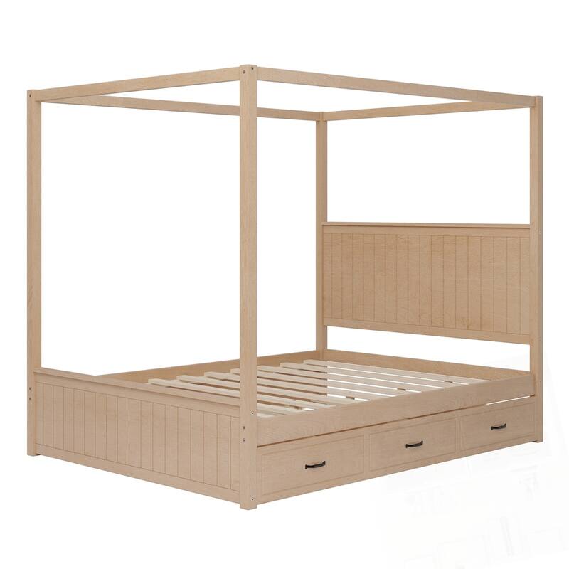 Modern Queen Size Canopy Platform Bed with Trundle and Three Storage Drawers