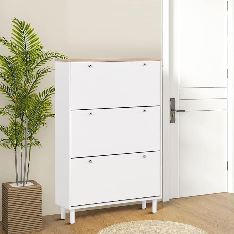 Minimalist Shoe Storage Cabinet with Wood Grain Finished Top Panel - White