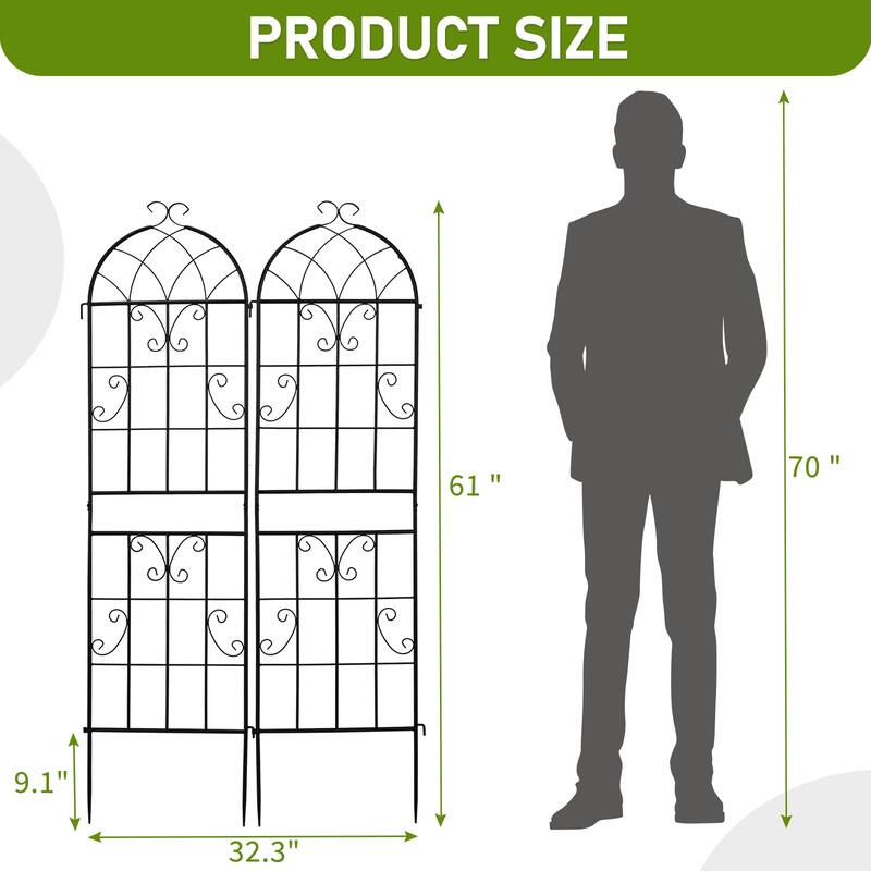 2-Pack Garden Trellis Black Iron 16x61" with Arched Top for Roses Flowers and Vegetable Plants - (16 x 61)" (W x H)