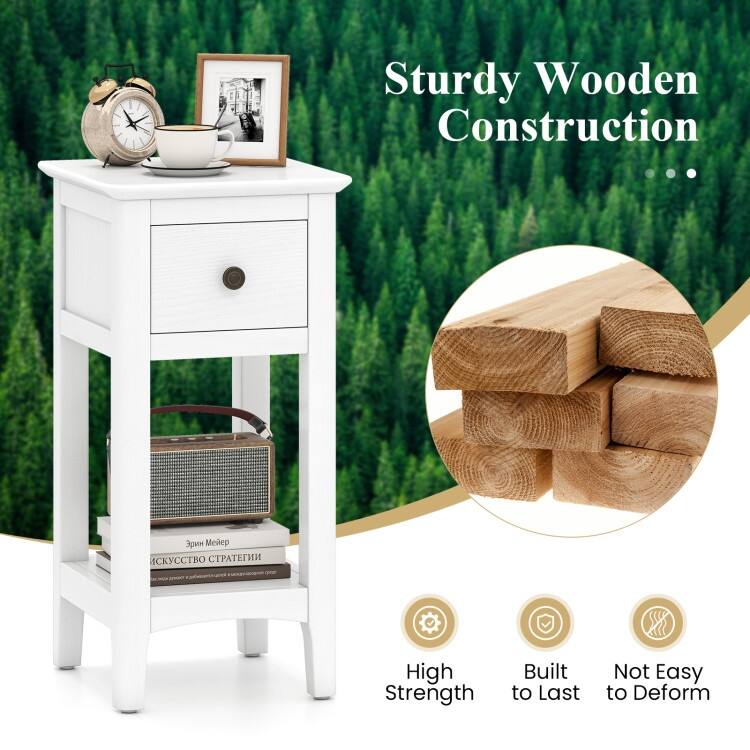 3 Tier Wooden Nightstand with Drawer and Shelf Solid Pine Side Table for Bedroom Living Room Compact End Table