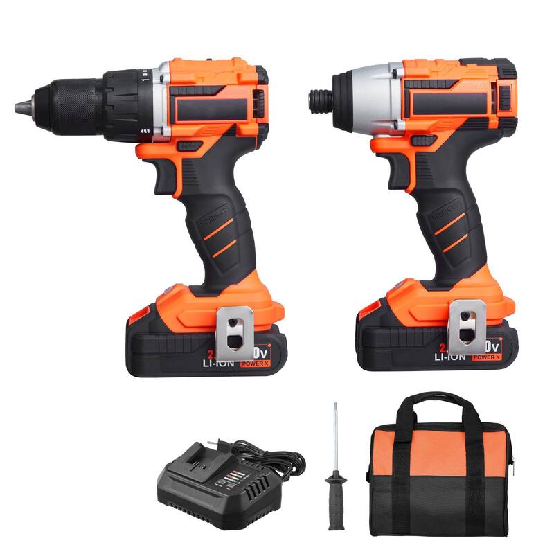 Black and Orange 20V Brushless 2 Tool Impact Drill and Impact Driver Set with 4Ah Batteries - 7.9 x 3 x 10.6 in (20V)