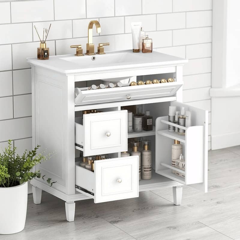 30 Inch Bathroom Vanity with Sink, Modern Vanity Cabinet with One Flip Drawer and Two Storage Drawers