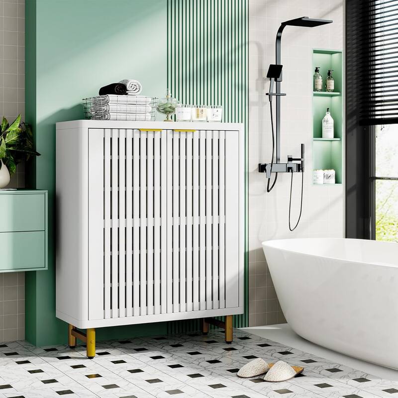 Wooden Bathroom Floor Cabinet, Adjustable Shelves Large Storage Sideboard Accent Cabinet for Bathroom Kitchen Living Room