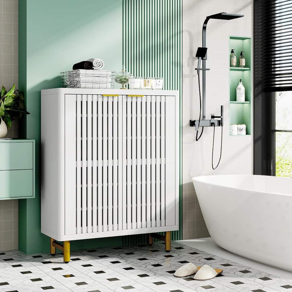 Wooden Bathroom Floor Cabinet, Adjustable Shelves Large Storage Sideboard Accent Cabinet for Bathroom Kitchen Living Room