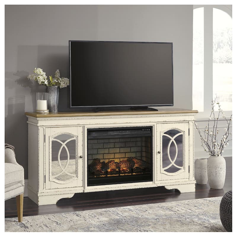 Realyn 74" TV Stand with Electric Fireplace - Antique White