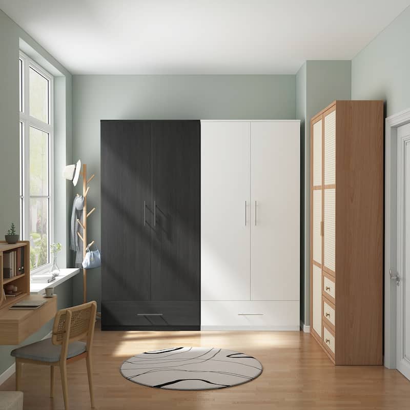 31.5" Freestanding Wardrobe Closet with Drawer, 2 Door Armoire with Hanging Rod, Modern Bedroom Storage Cabinet, Black/White