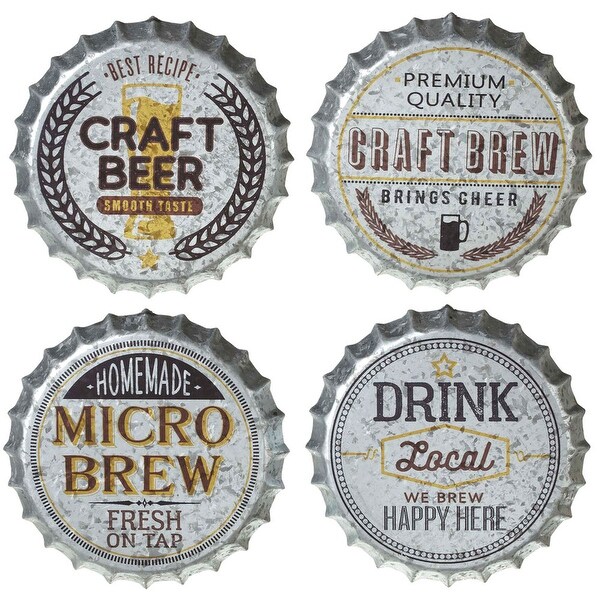 Set of 4 Assorted Gray Galvanized Beer Bottle Cap Wall Decorations 13.75” - N/A