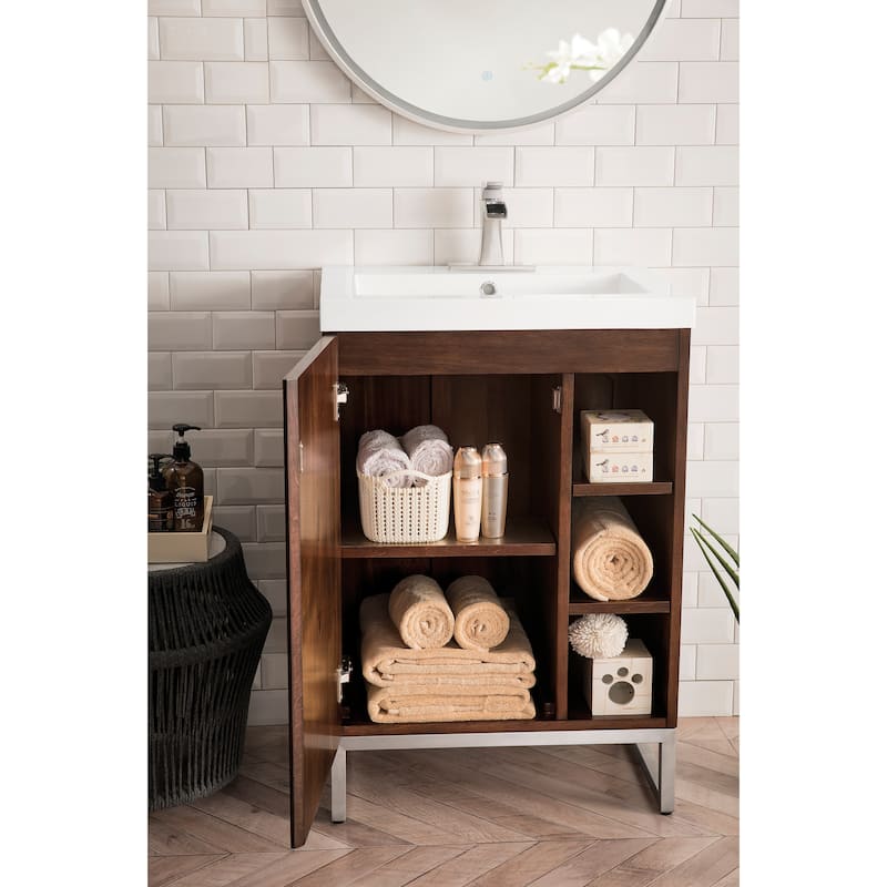 James Martin Vanities Alicante 24" Single Vanity Cabinet, Mid Century Acacia w/ White Glossy Composite Stone Top
