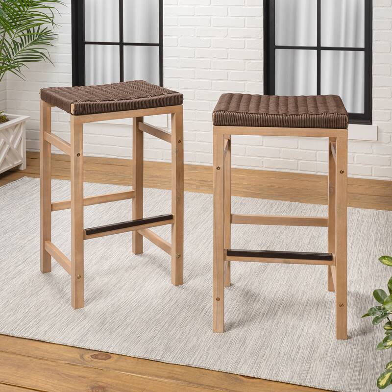 Armand Backless Acacia Wood Outdoor Stool with Woven Rope Seat, (Set of 2)