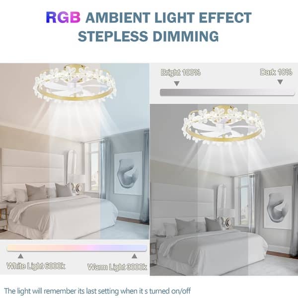 CROSSIO 20" Crystal Ceiling Fan With Lights And Remote Round Flush Mount Ceiling Fan Luxury Gold Caged Fandelier Modern Low Profile Ceiling Fan With