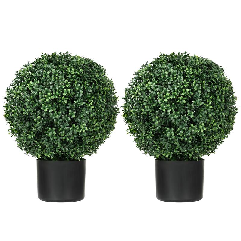 HOMCOM Set of 2 20.5" Artificial Ball Boxwood Topiary Trees with Pot