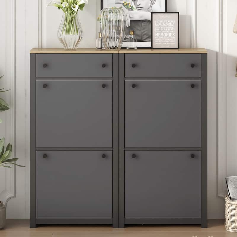 Slim Shoe Cabinet w/ 4 Flip Drawers, Freestanding Shoes Organizer Shoe Storage Cabinet, Modern Shoe Rack w/ Drawers for Hallway