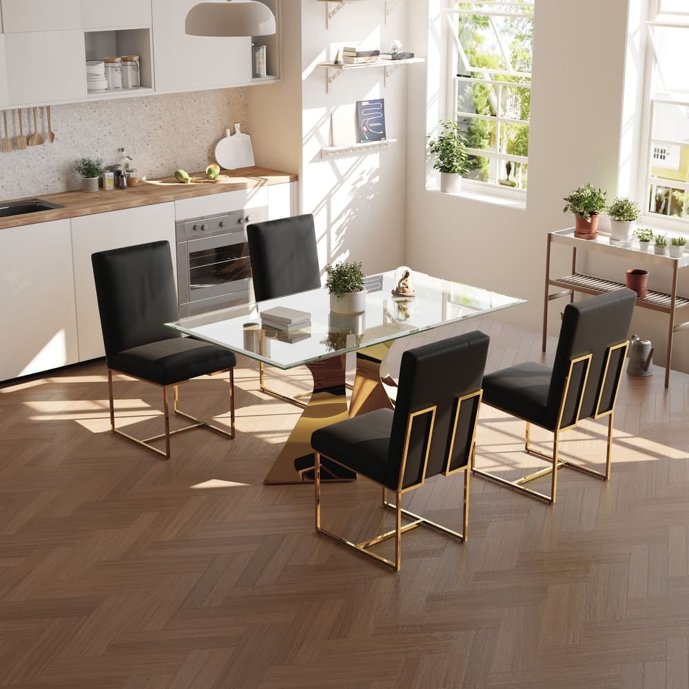 Luxury Gold Dining Table Set with 63 inch Glass Dining Table and White Leather Dining Chairs