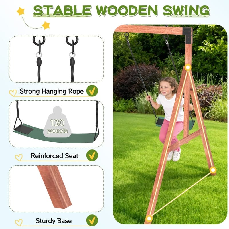 Kids Outdoor Wooden Swing Set with Elevated Playhouse, Wave Slide, Belt Swings and Sandbox - Natural Wood