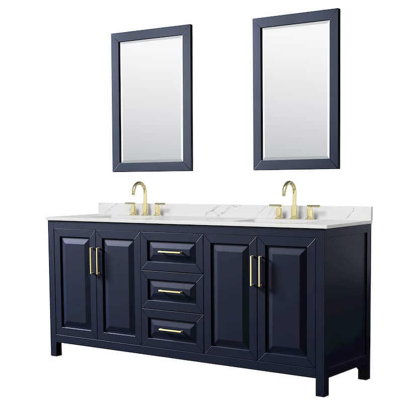 Daria 80-inch Double Vanity, 3 Hole Quartz Top, 24-inch Mirrors - Dark Blue, Gold Trim, Giotto Quartz Top