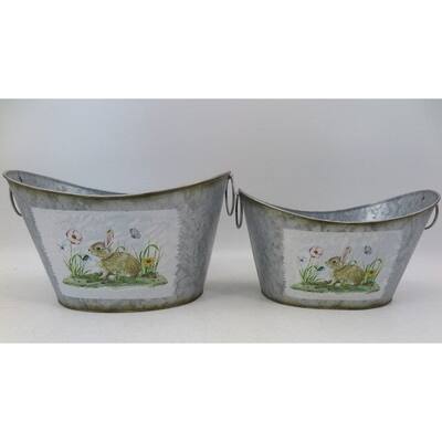Metal With Handles And Bunny In The Garden Print Buckets (Set Of 2)