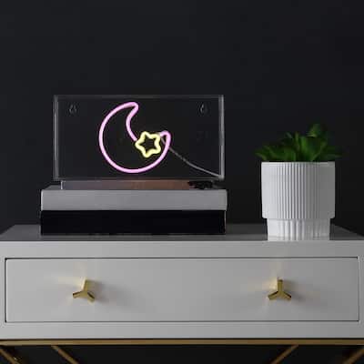Moon 11.8" Contemporary Glam Acrylic Box USB Operated LED Neon Light, Pink/Yellow by JONATHAN Y