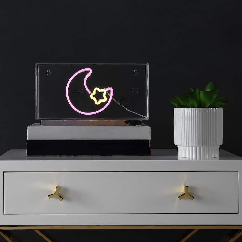 Moon 11.8" Contemporary Glam Acrylic Box USB Operated LED Neon Light, Pink/Yellow by JONATHAN Y