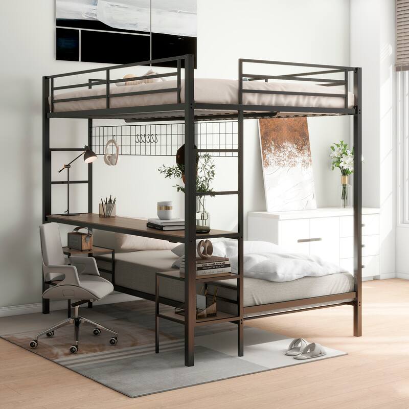 Full Over Twin Bunk Bed with Desk and Charging Station and Shelves and Metal Wire Mesh Panel with Hooks,Safety Guard & Stairs
