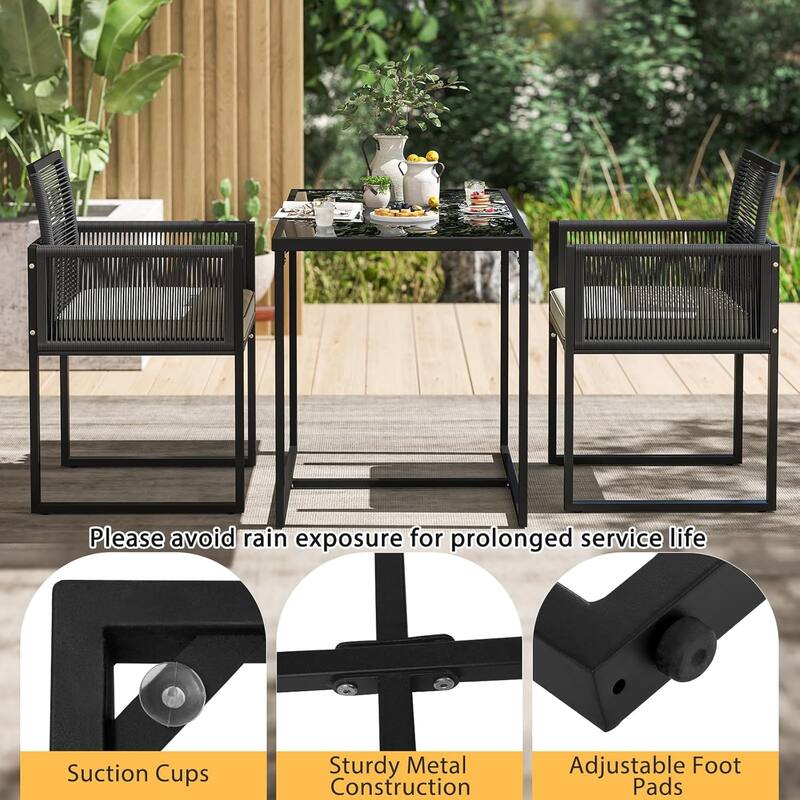 3 PCS Patio Dining Set Outdoor Space-Saving PE Wicker Bistro Set