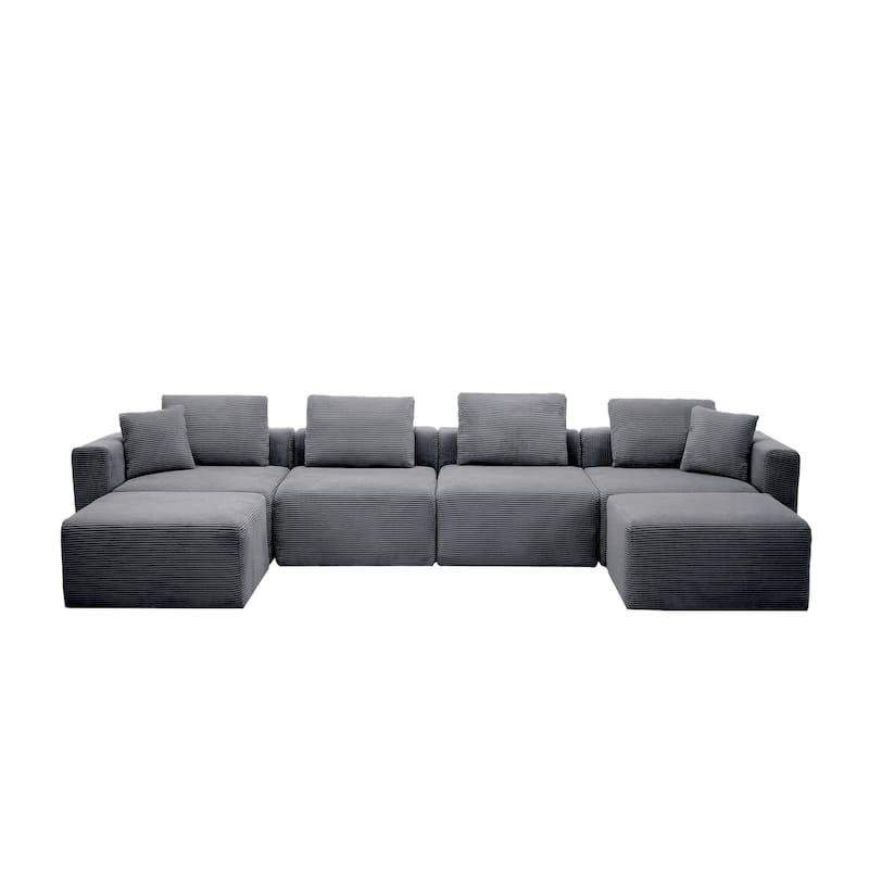 Corduroy Sectional Modular Sofa with Square Arms & Ottoman Extension for Flexible Arrangements - 4-Seater & 2 Ottomans - Basalt Grey