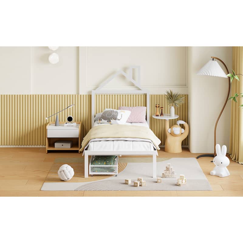 Metal Platform Bed with two drawers - White Twin - Twin