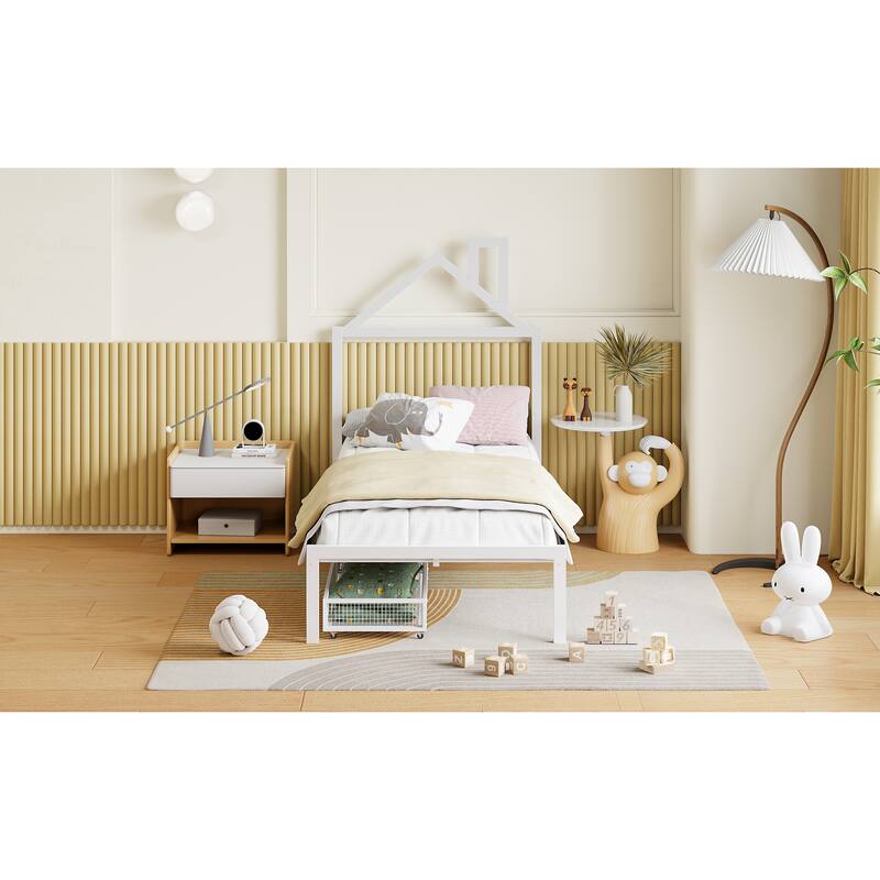 White Twin Size Metal Platform Bed with Two Drawers & House Headboard