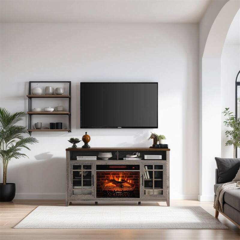 TV Media Stand with Electric Fireplace KD Inserts Heater - 55 inches - Gray Wash