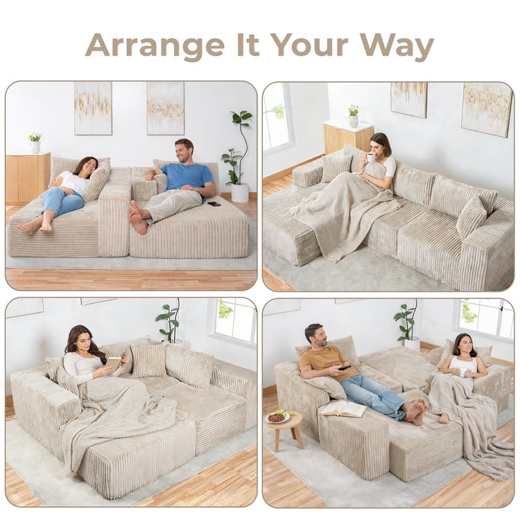 110" Modular Cloud Couch Sectional Sofa - Deep Seat Corduroy L-Shape Couch - Boneless Compressed Sofa