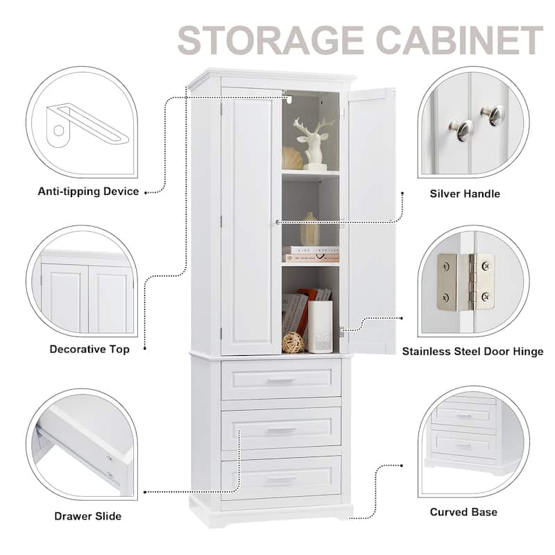 Tall Storage Cabinet With Three Drawers For Bathroom/Office - White