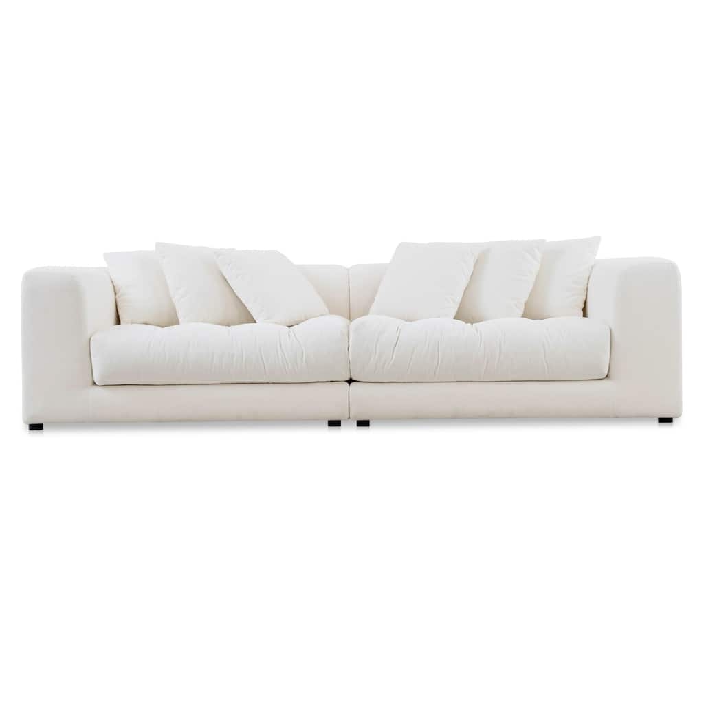 NADAAL STUDIOS Lioraelle Sofa, Soft Velvet Upholstery with Tufted Bench Seat and Six Back Cushions, Warm White