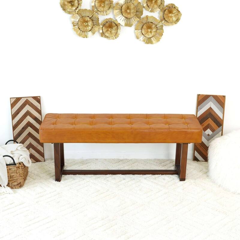GDFStudio - Cameron Modern Mid-Century 51" Genuine Leather Bench with Solid Wood Frame for Living Room, Bedroom & Entryway