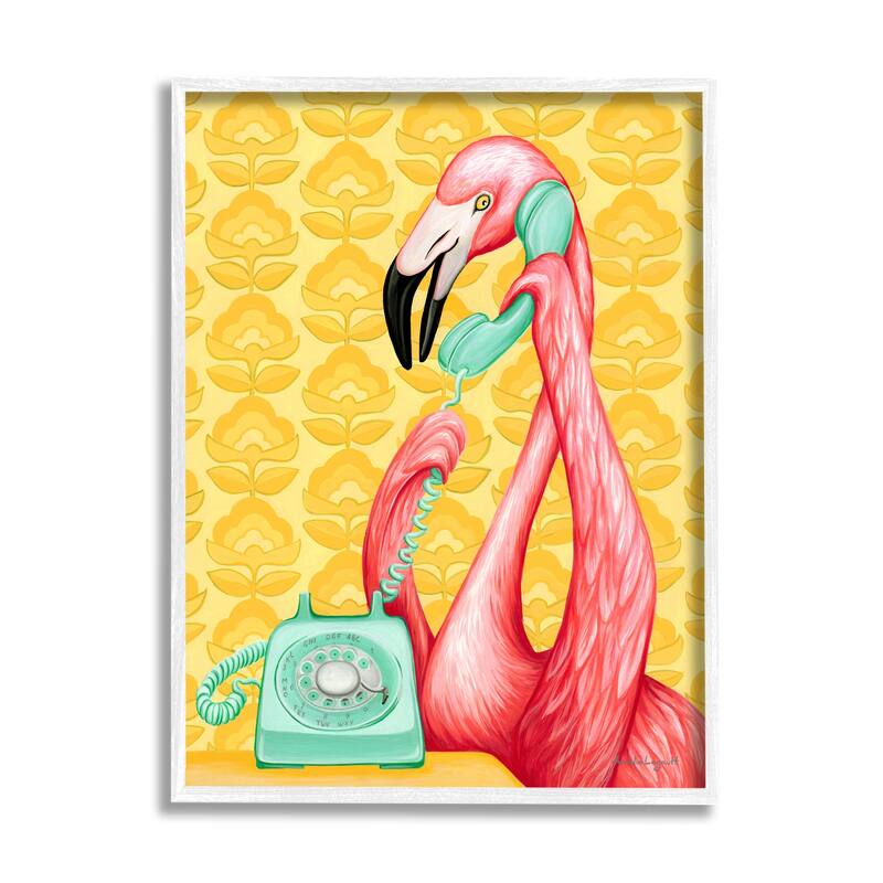 Stupell Flamingo Calling Dial Telephone Groovy Flowers Wallpaper Framed Wall Art, Design by Amelie Legault - Yellow - 11 x 14 - White