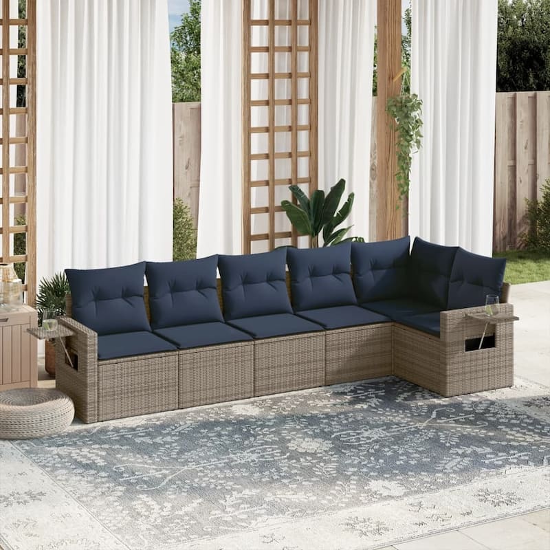 vidaXL Patio Sofa Set with Cushions Outdoor Conversation Furniture Poly Rattan - 24.4 x 24.4 x 27.2 - Grey and Blue-With table