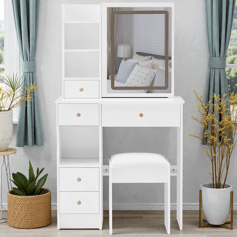 29.2'' Small Vanity Table with LED Tri-Color Mirror, Drawer & Cushioned Stool, Space-Saving Makeup Desk for Small Rooms