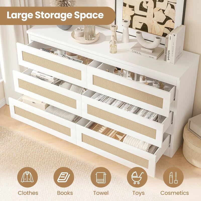 Rattan Dresser for Bedroom, Modern 6 Drawer Double Dresser with Anti-Tip Kit