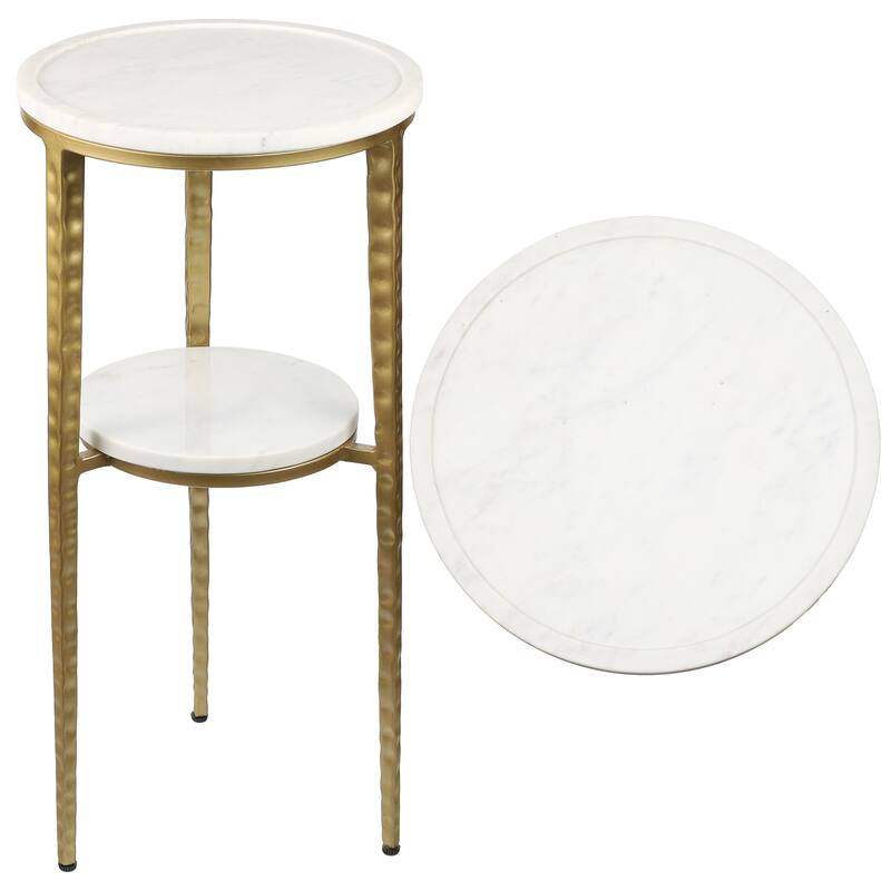 Seraphina 24.75″ 2‑Tier Metal Frame Drink & End Table w/ White Marble Round Top, By JONATHAN Y - Gold/White