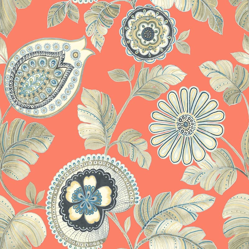 Seabrook Designs Boho Rhapsody Calypso Paisley Leaf Unpasted Wallpaper - 27 in. W x 27 ft. L - Coral and Aloe