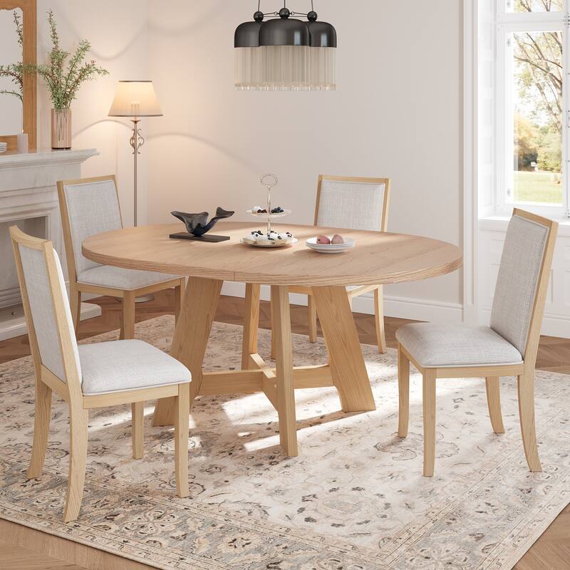 Farmhouse Round Extendable Dining Table Set for 4: 5-Piece Kitchen Table with Removable Leaf & 4 Upholstered Chairs