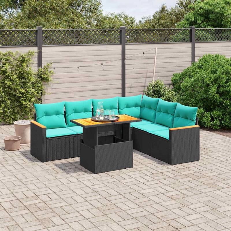 vidaXL Patio Sofa Set with Cushions Outdoor Furniture 7 Piece Poly Rattan - 24.4 x 24.4 x 27.2 - Black