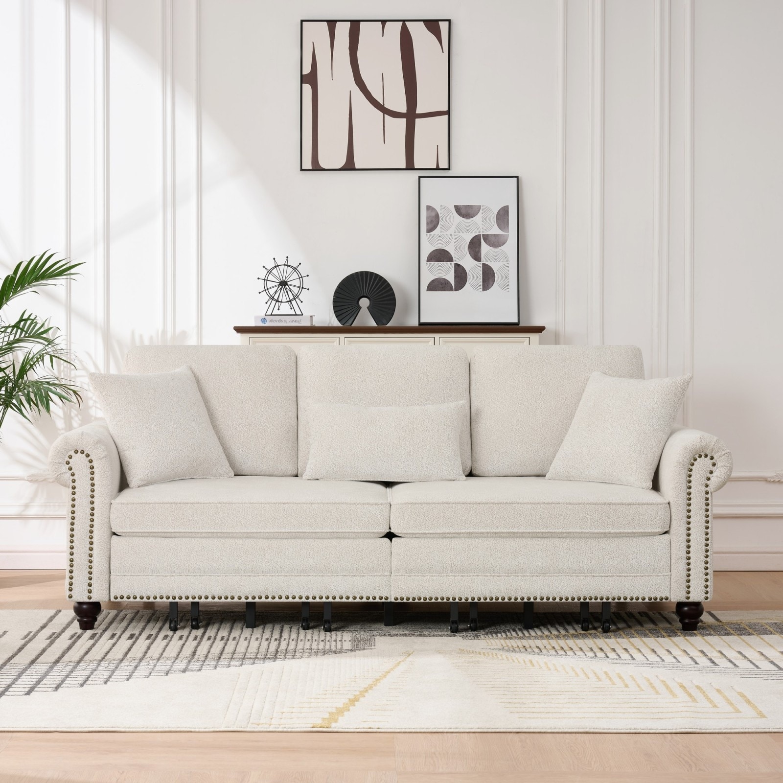 86.5-Inch King Pull-Out Sofa Bed with Chenille Rolled Arms and Nailhead Trim