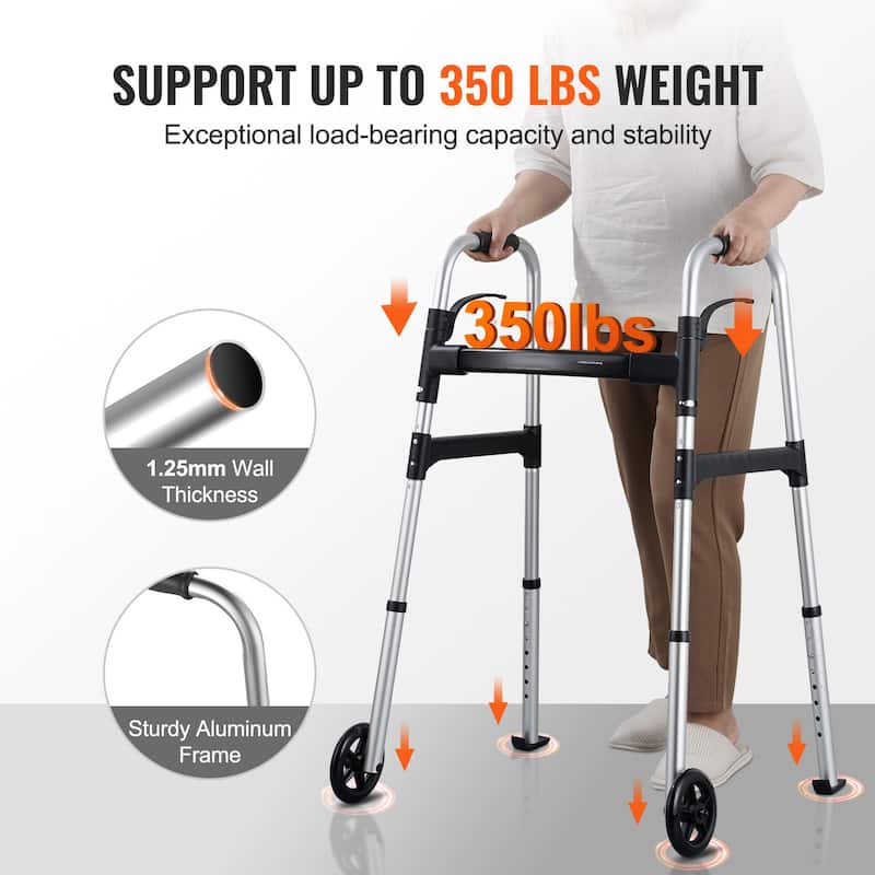 Folding Walker, 2-Button Folding Walkers, Front Wheeled Rolling Walkers for Seniors and Adults, Up to 350 Pounds