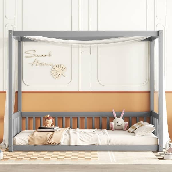slide 2 of 27, Twin Size Mattresses Canopy Bed Frame with Fence, Guardrails, Playroom Floor Bed Kids Four Corner Beds for Children's Room Grey - Twin