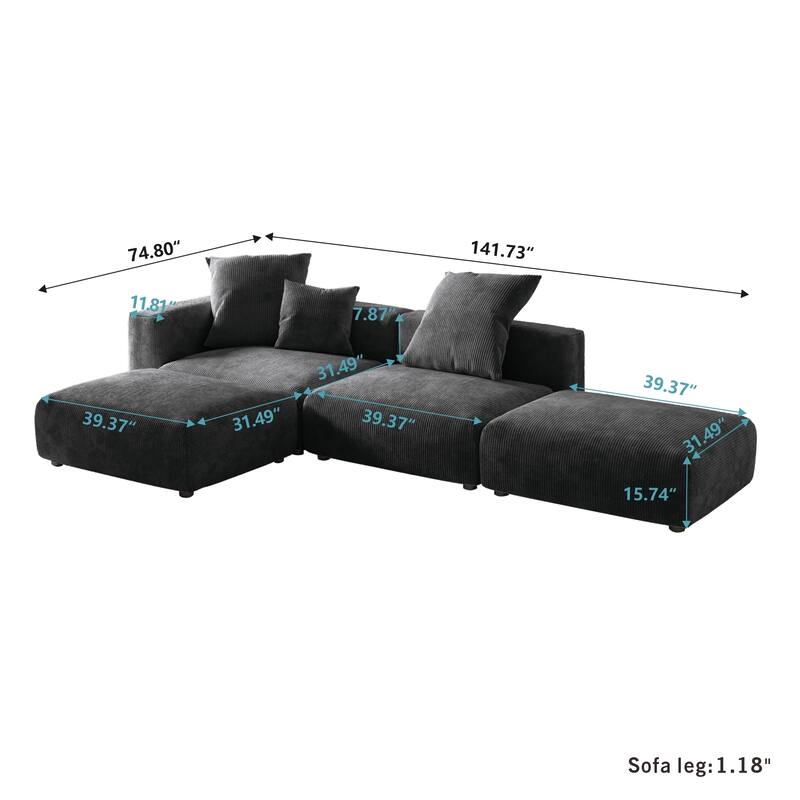 L-shaped Modular Sectional Sofa Corduroy Upholstered Couch with Chaise Ottoman and 3 pillows