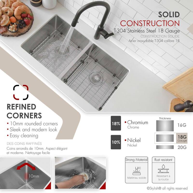 Stylish Undermount 32" Double-Bowl Stainless Steel 18G Kitchen Sink S-301G - 32" x 18" x 10"