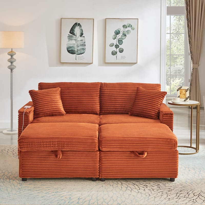 Modular Chaise Sleeper Sofa Bed, Corduroy Loveseat Couch & Storage Ottomans Set with Folding Table Boards and USB Ports
