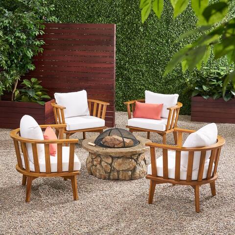 Clarendon Outdoor Acacia Wood 4 Seater Club Chairs and Fire Pit Set by Christopher Knight Home
