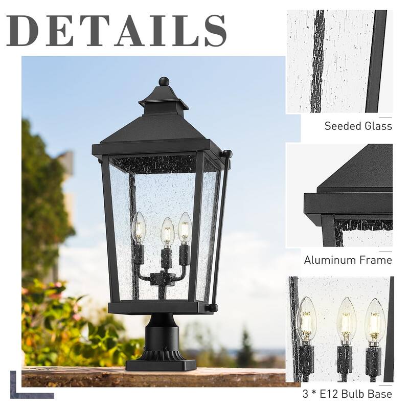 26'' 3-Light Taper Candle Post Light with Seeded Glass